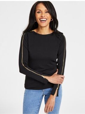 INC International Concepts Black Long-Sleeve Top with Gold Zippers Women’s XL